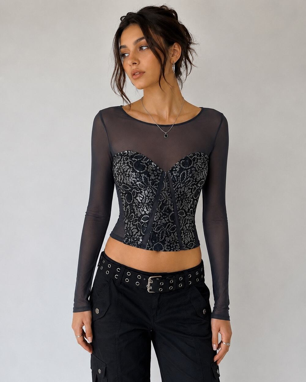 Urban outfitters Sheer Mesh Corset Top S Metallic Lace Long Sleeve Y2K Club Wear